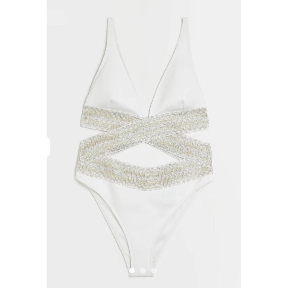 River Island Womens 14 Plunge Neck Metallic Wrap One Piece Swimsuit Bride Bridal